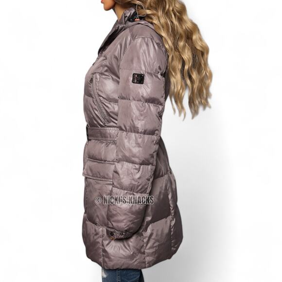 313 Tre Uno Tre Duck Down Puffer Belted Fur Hood Long Winter Coat Gray Size L - Picture 4 of 13